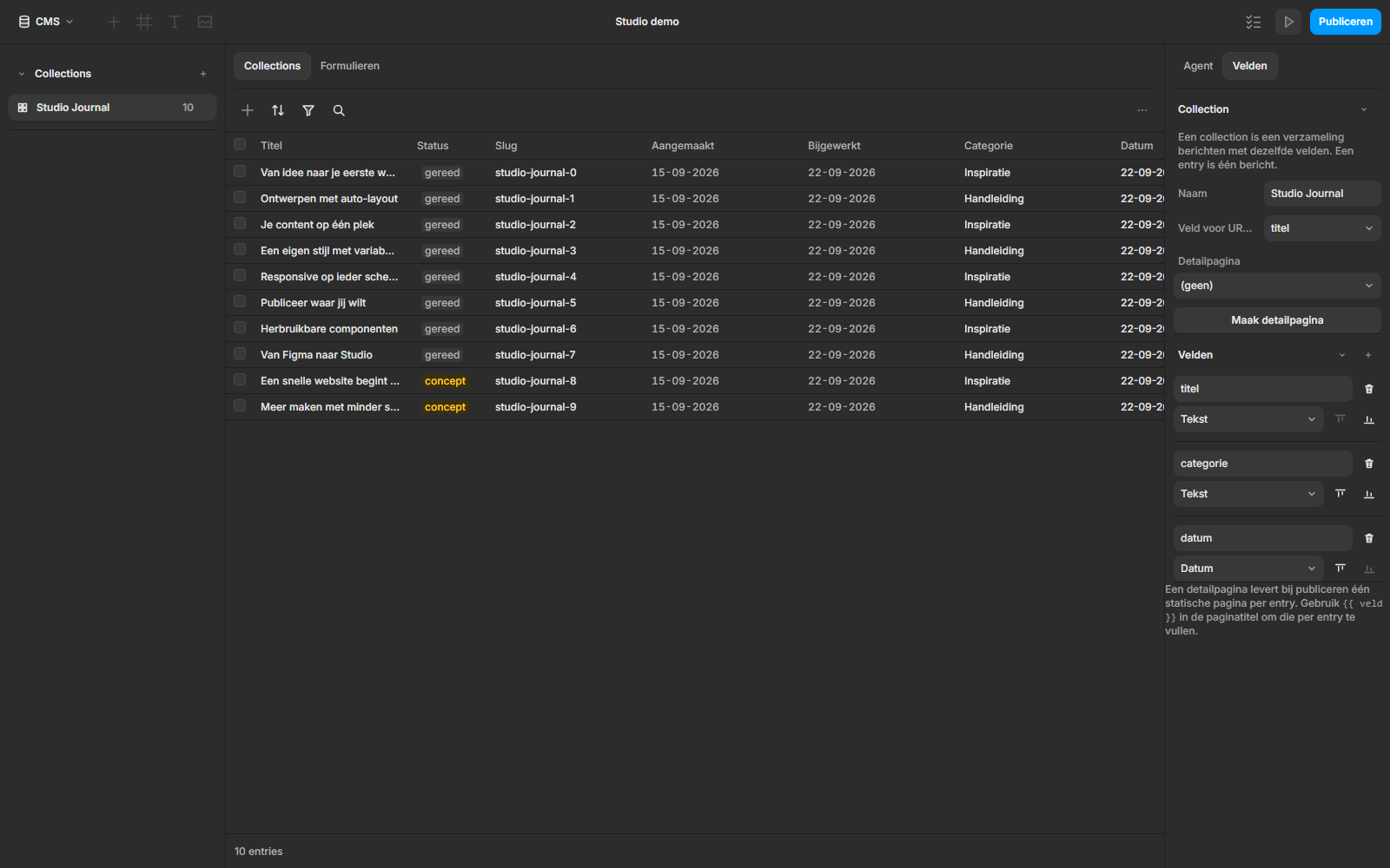 Studio CMS met collecties en artikelvelden
