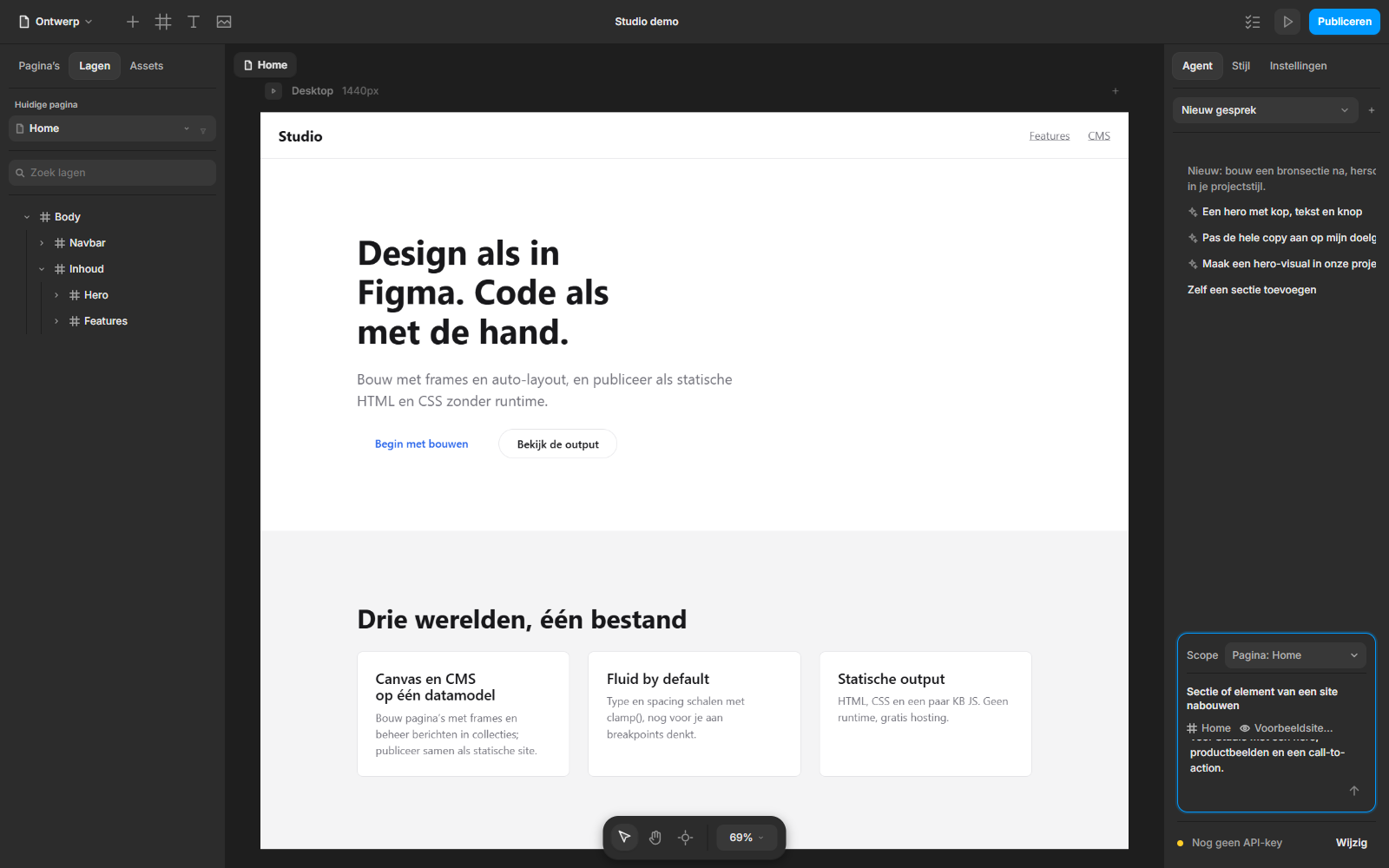 AI-assistent naast het ontwerp in Studio